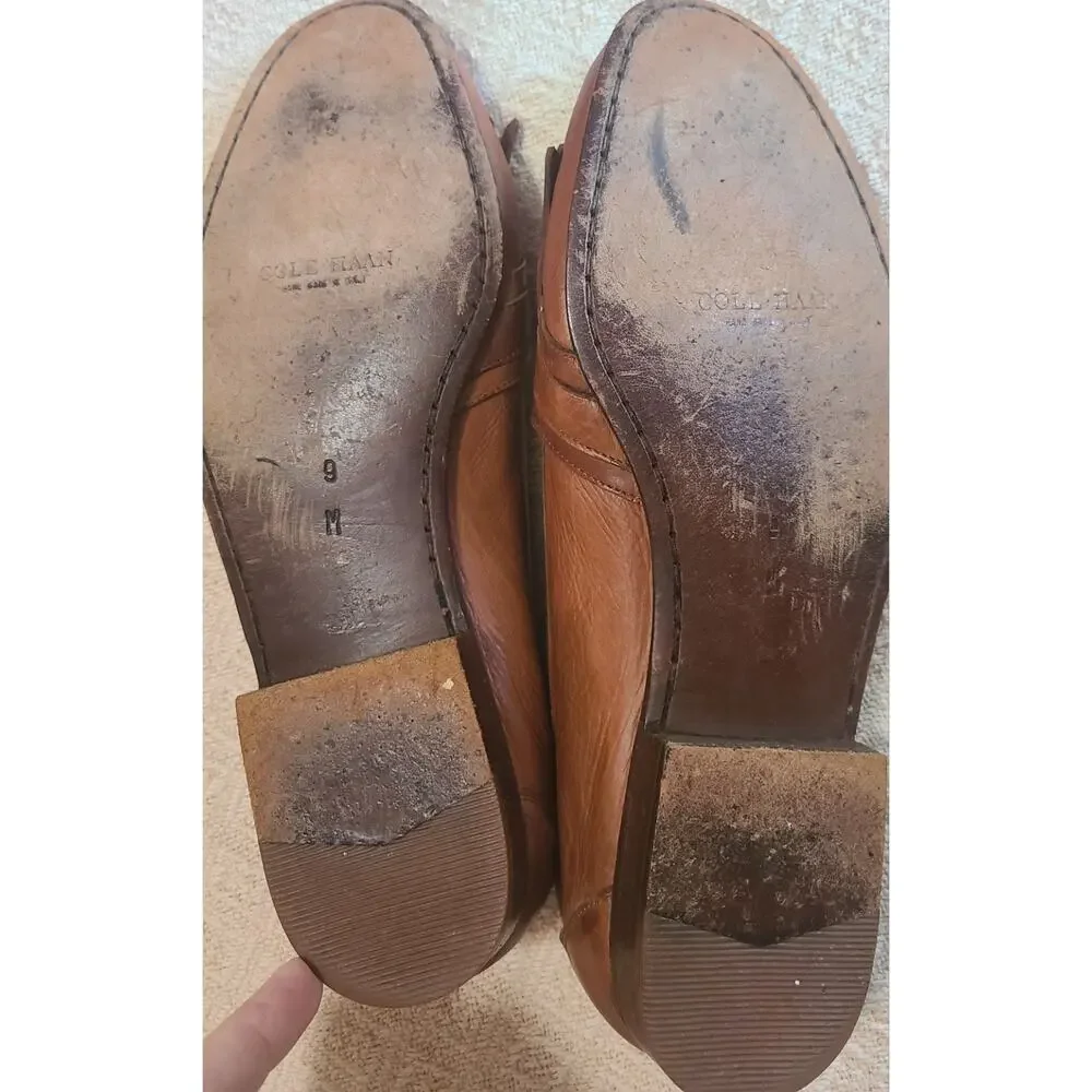Cole Haan Tan Leather Kiltie Loafers with Gold Buckle Detail